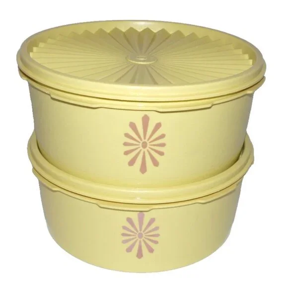 Vintage Tupperware set of 2 stacking 8" gold yellow containers 3.24" tall each - Picture 1 of 4